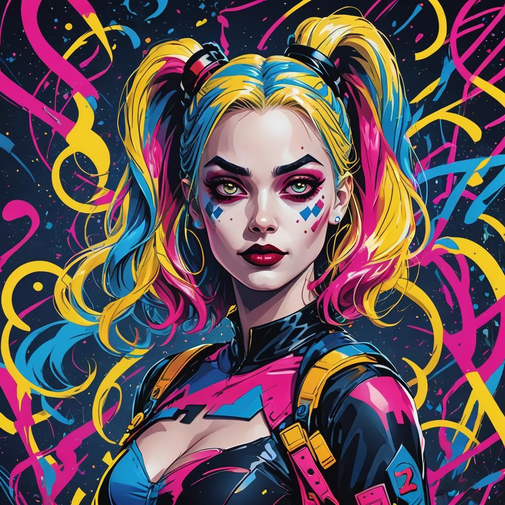 Harley Quinn neon colorful art vector template. Her hair wit...