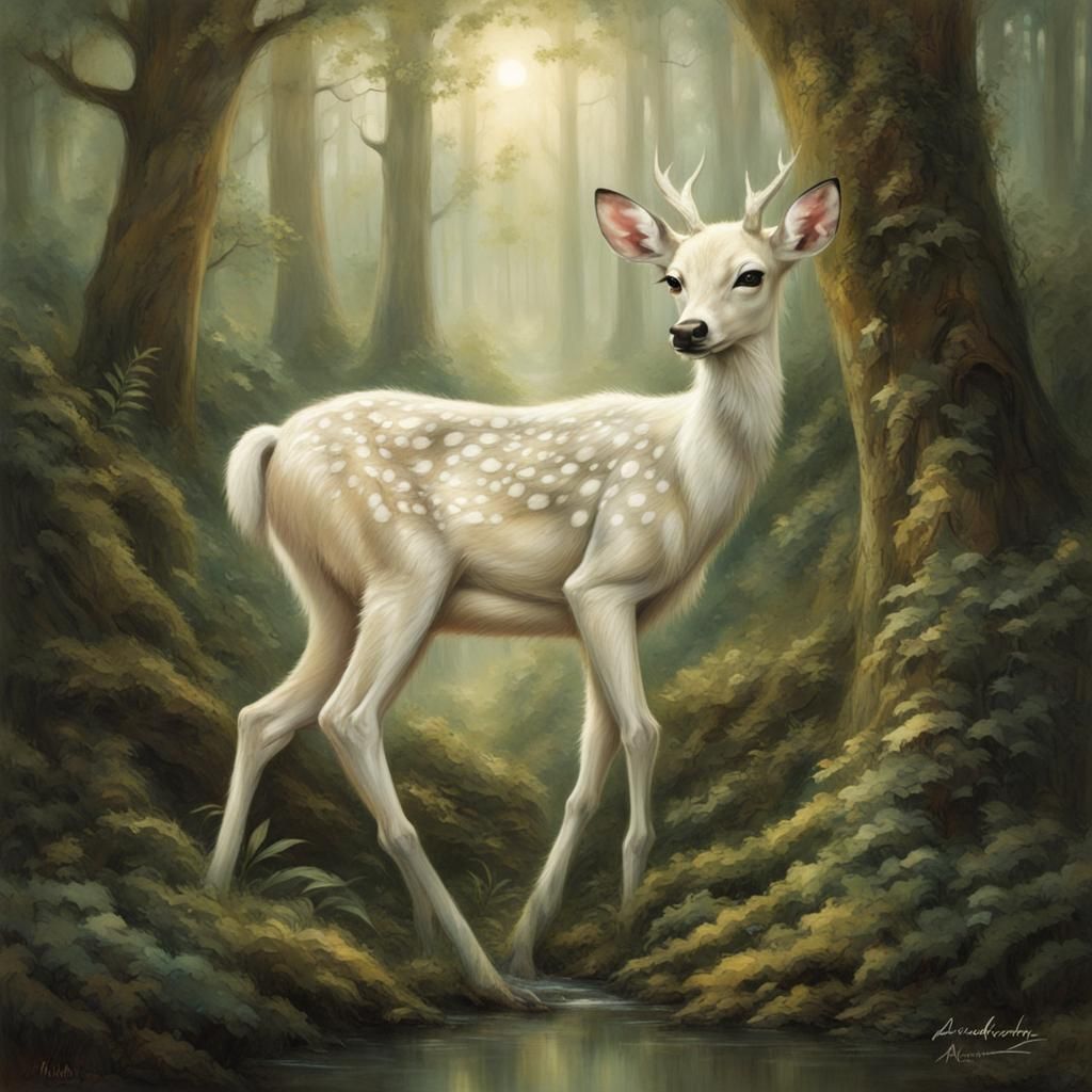 In the heart of an enchanted forest, a mystical white fawn emerges, its presence transcending the mundane. Though an ear...