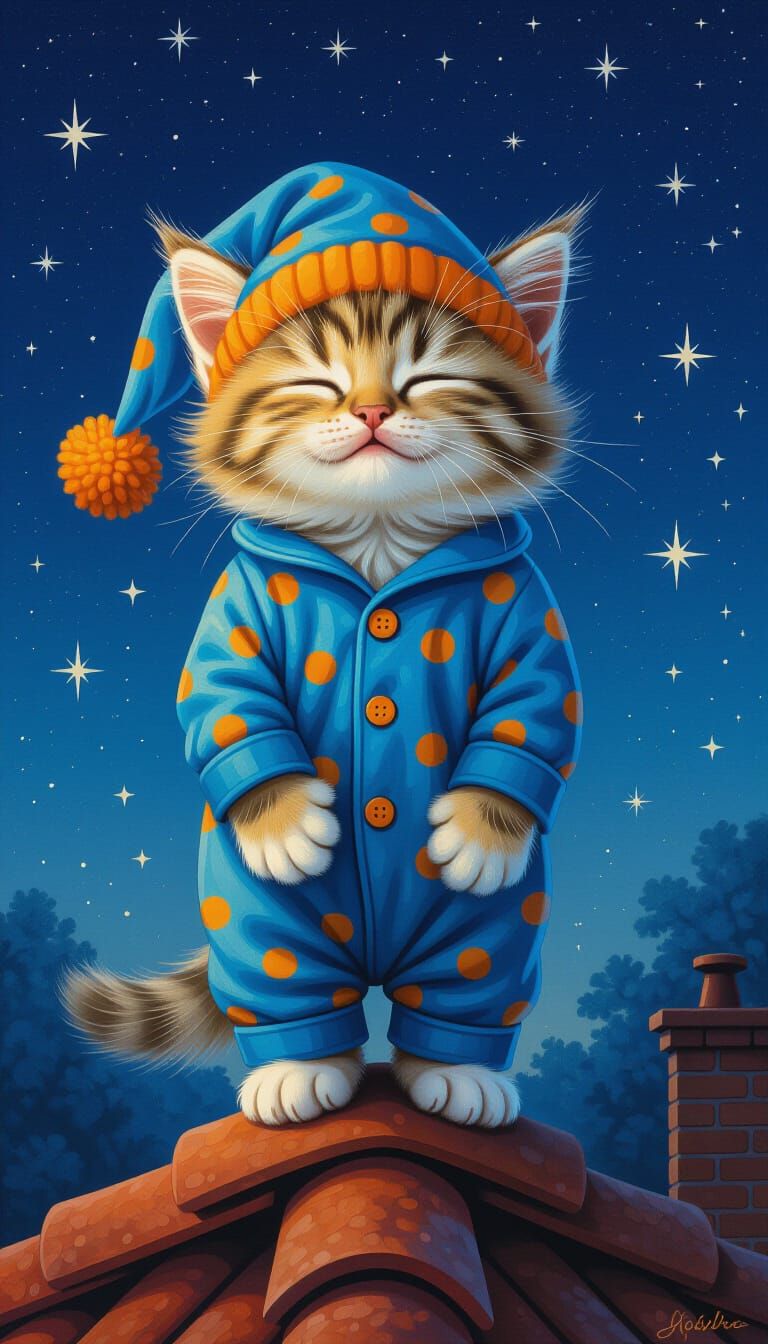 Whimsical Kitten in Pajamas on Rooftop Under Stars