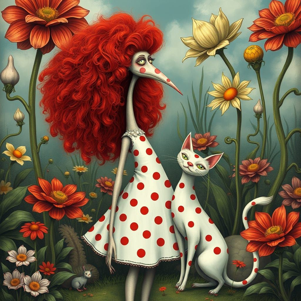 Whimsical Polka Dot Woman in Burtonesque Garden