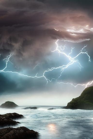 Dramatic Sunset Storm Over Rocky Coastline