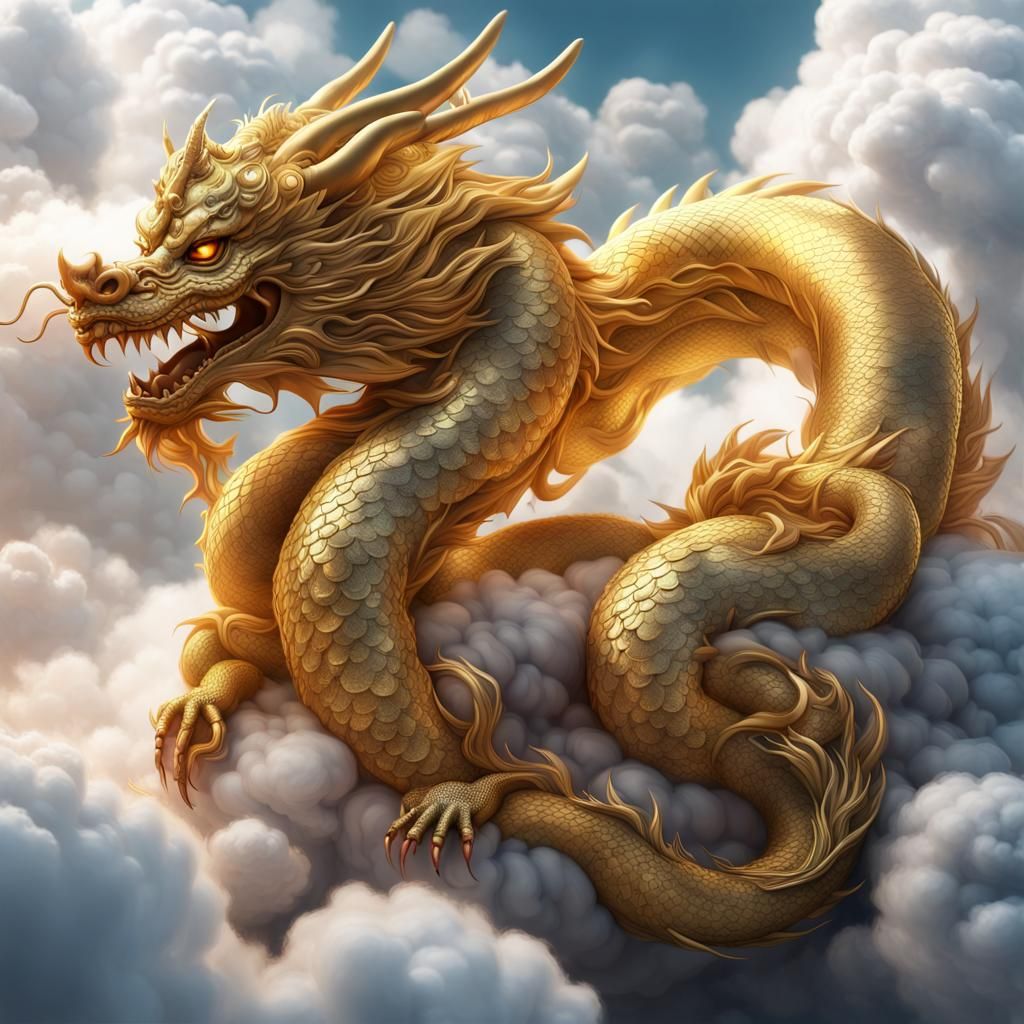 Golden Chinese Dragon Sleeping on Clouds in 3D