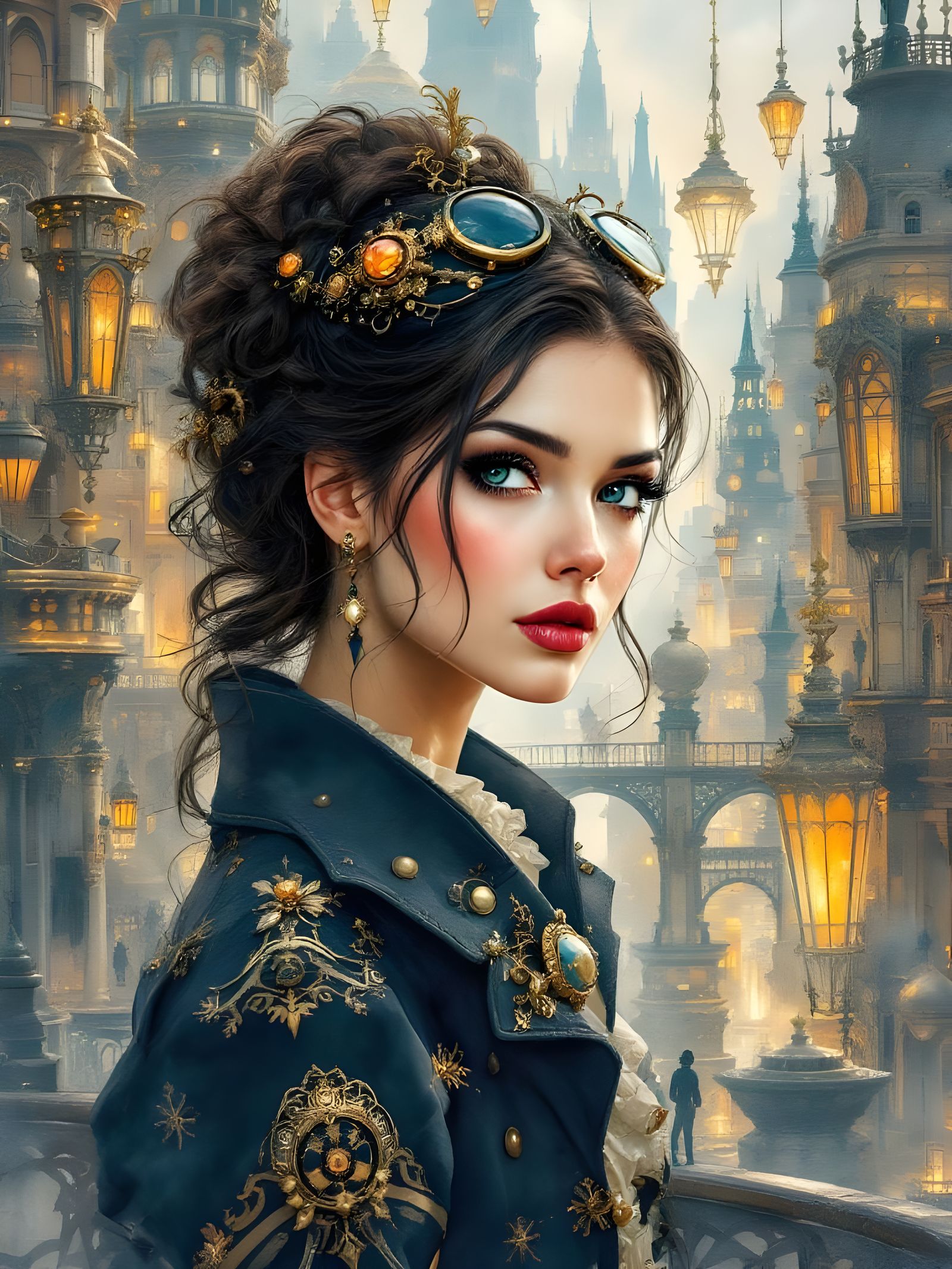 Watercolor Steampunk Woman in High Society City