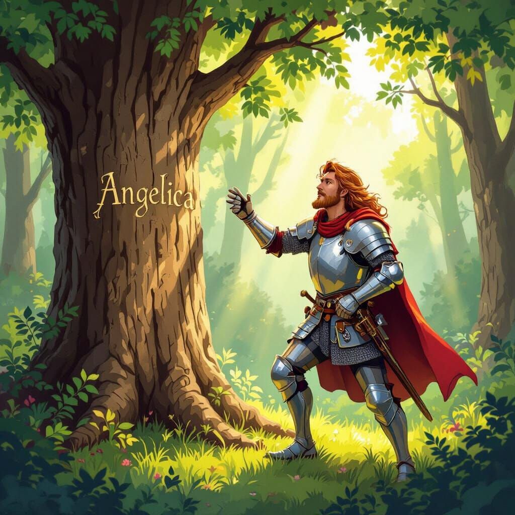 Orlando Finds Angelica's Name in Sunlit Renaissance Forest