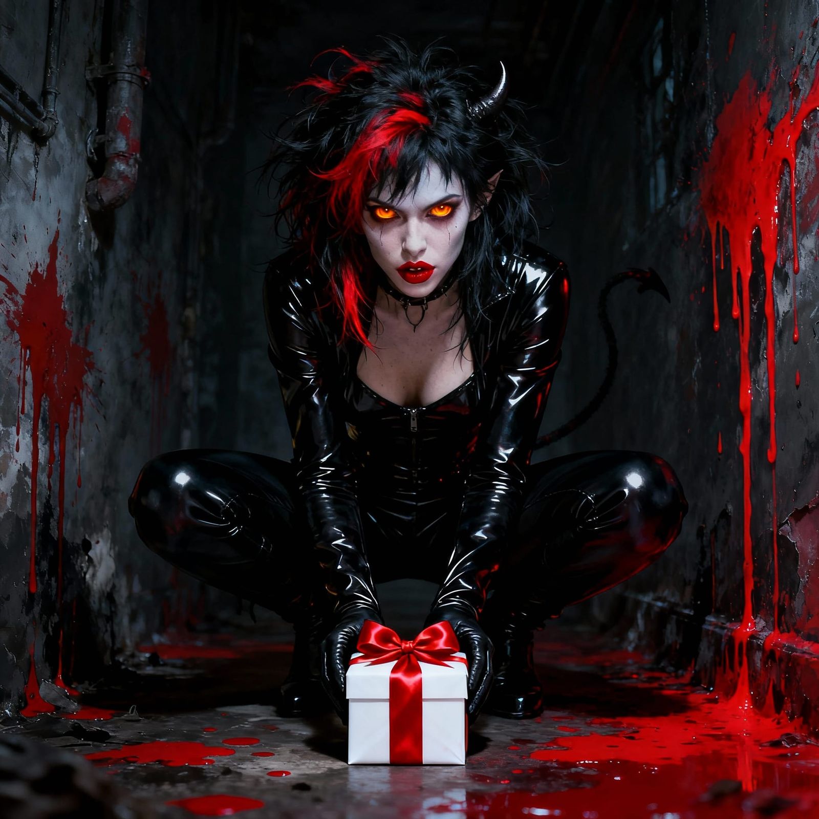 Gothic Demoness with Gift Box in Horror Portrait