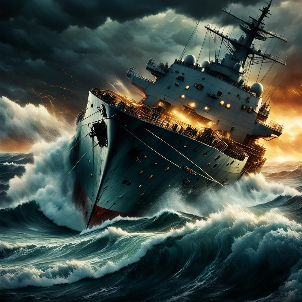 Huge Military Ship in Stormy Seas: Digital Art