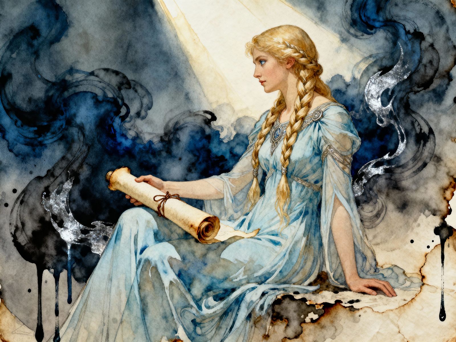Norse Goddess Gná with Scroll, Watercolor Style