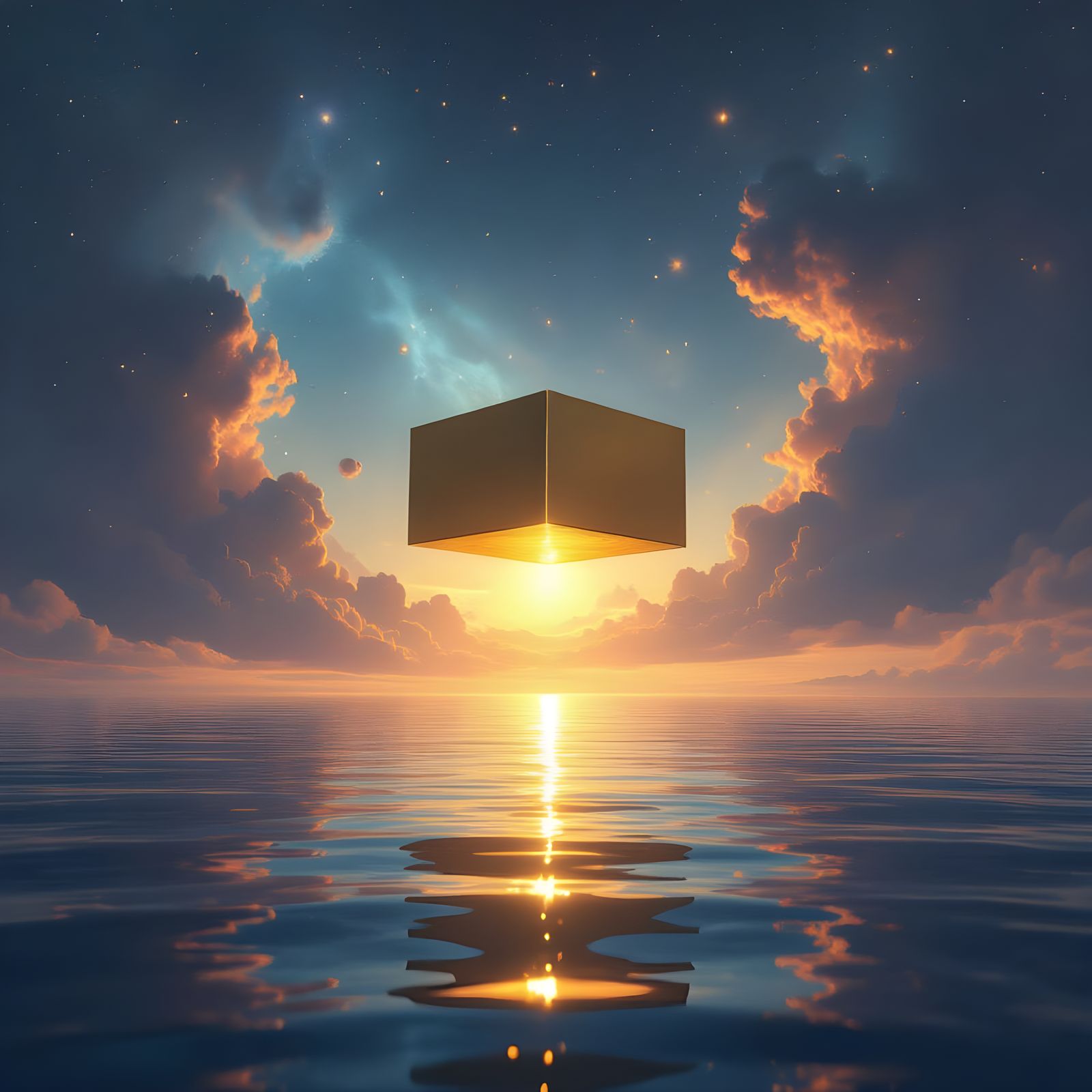 Golden Box Reflecting Radiant Glow in Cosmic Scene