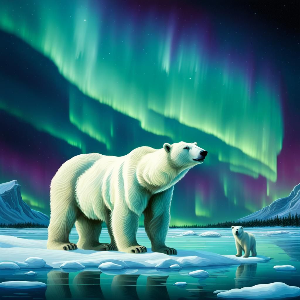 Polar Bear Family and Northern Lights