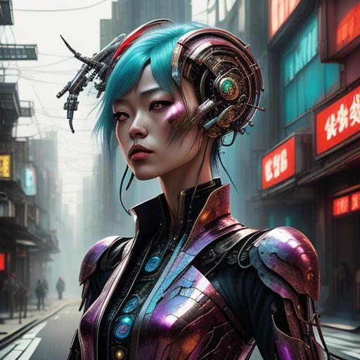 Cyberpunk Cyborg in Spectral Kyoto Street