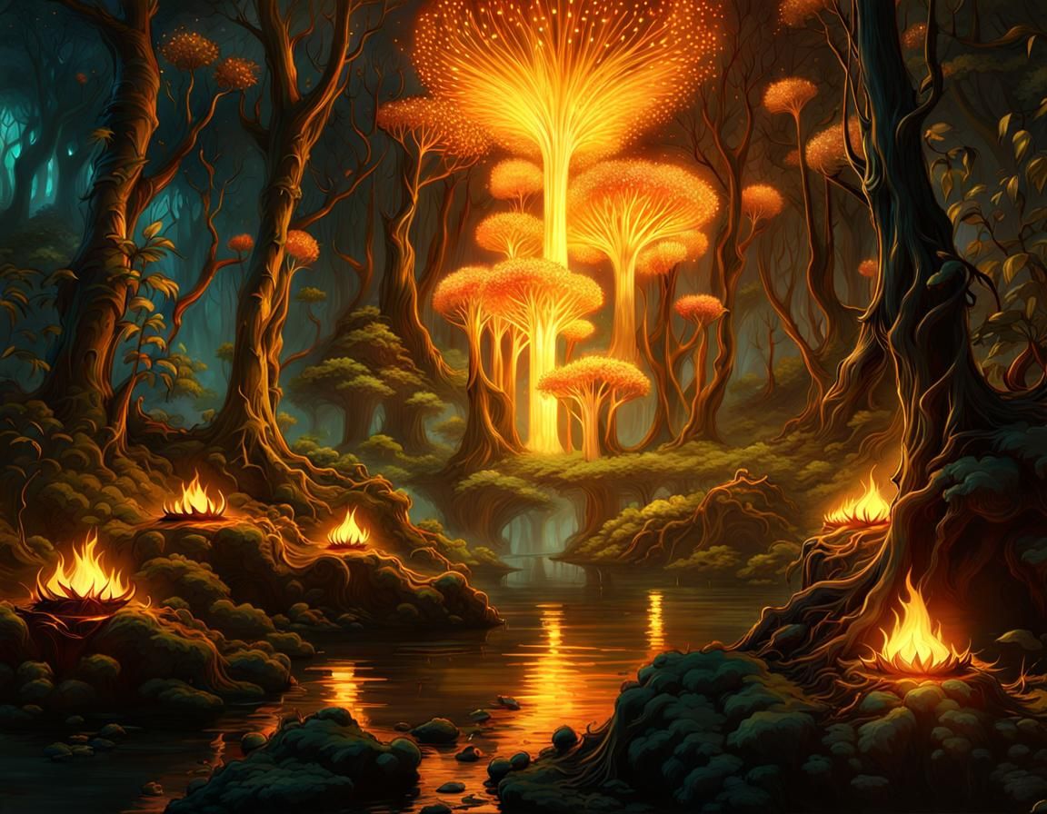 Golden Fire in Pandora Forest: Fantasycore Artwork