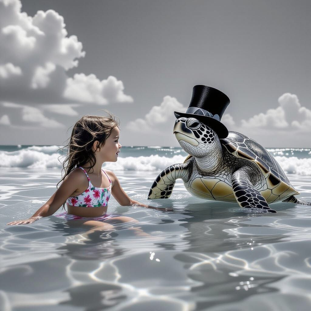 Girl Meets Sea Turtle in Black and White
