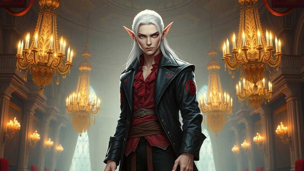Elf Noble in Ornate Ballroom with Golden Aura