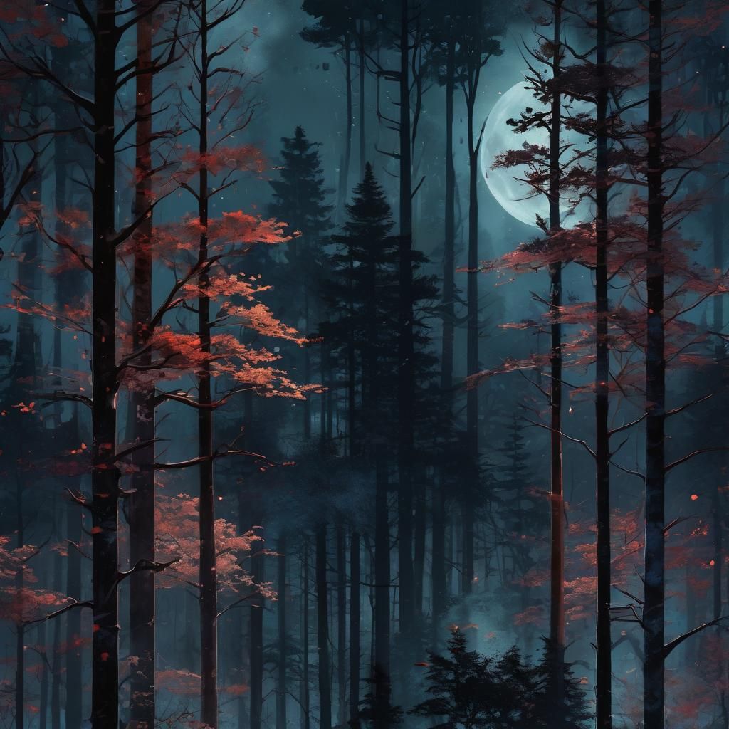 Night Forest Moon in Watercolor Splatter Art
