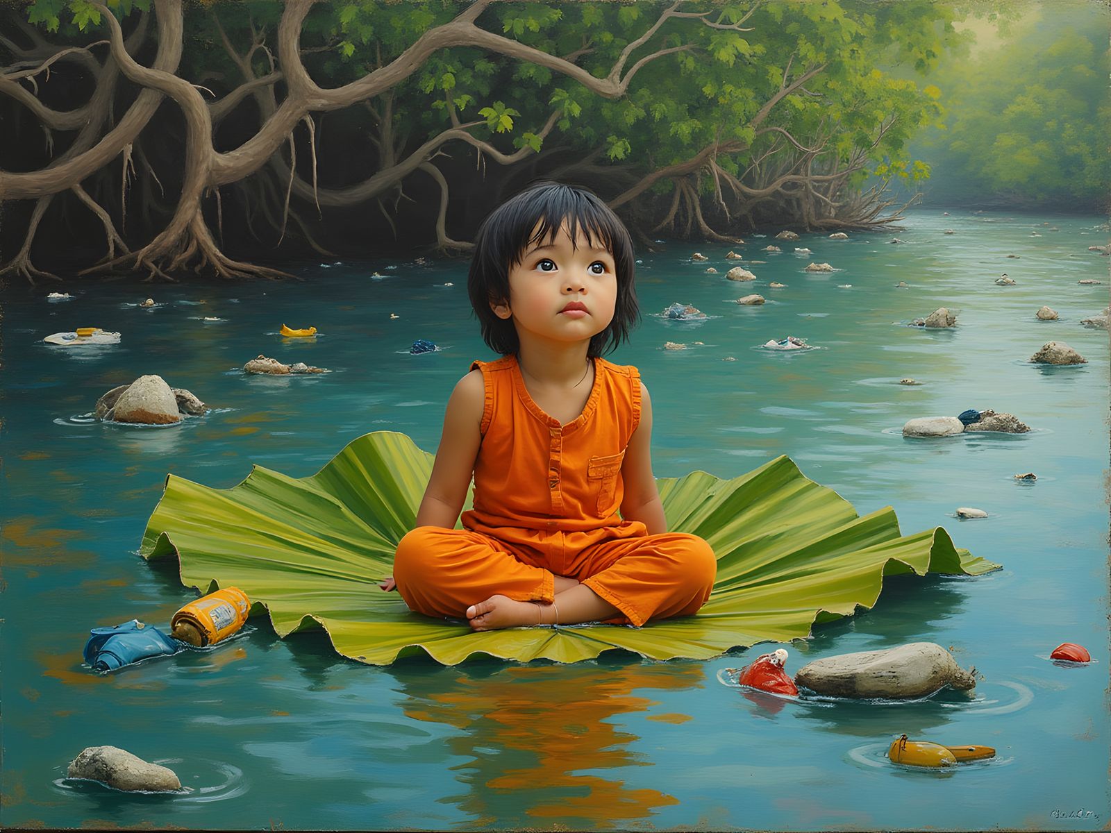 Neo-Impressionist River Pollution Scene with Child