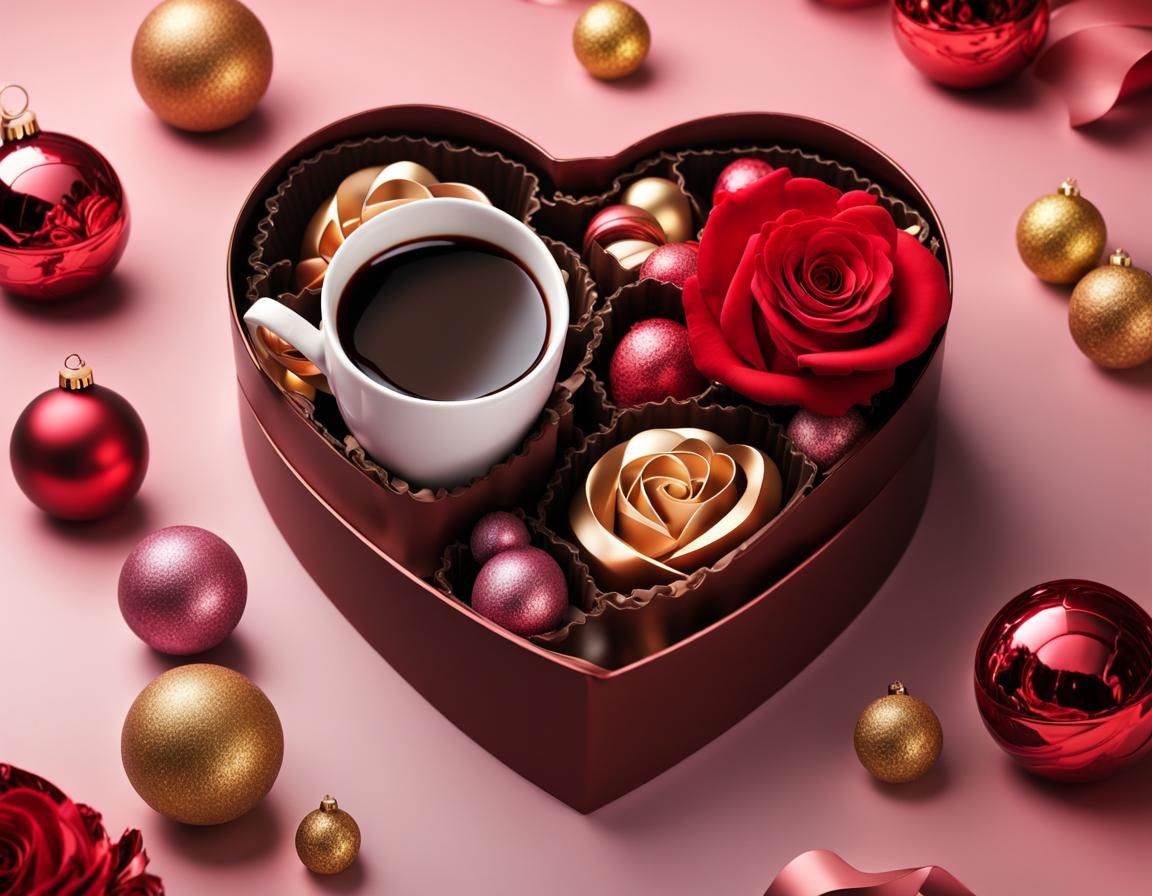 Heart Chocolate Box with Coffee and Roses