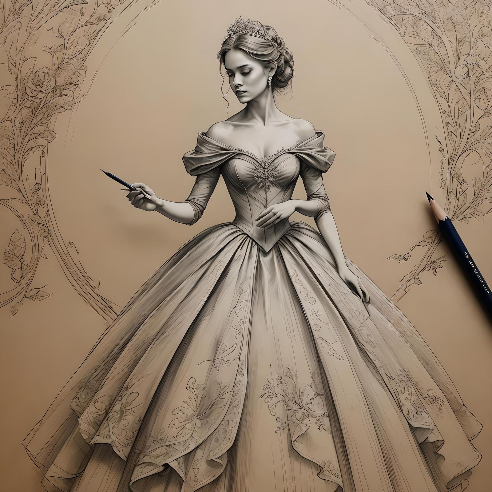 Detailed Pencil Sketch of Girl in Ball Gown