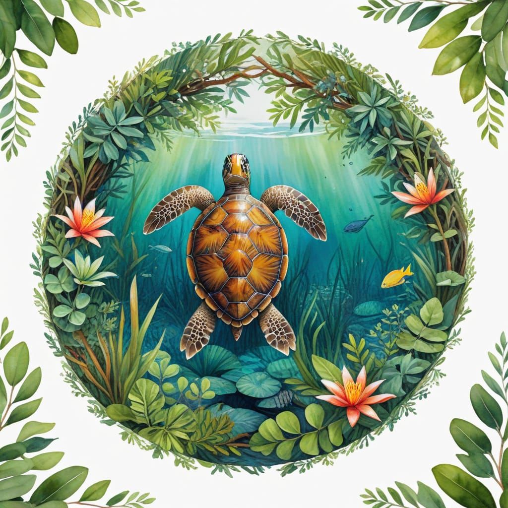 Turtle in a Serene Mangrove Lagoon with Tropical Foliage
