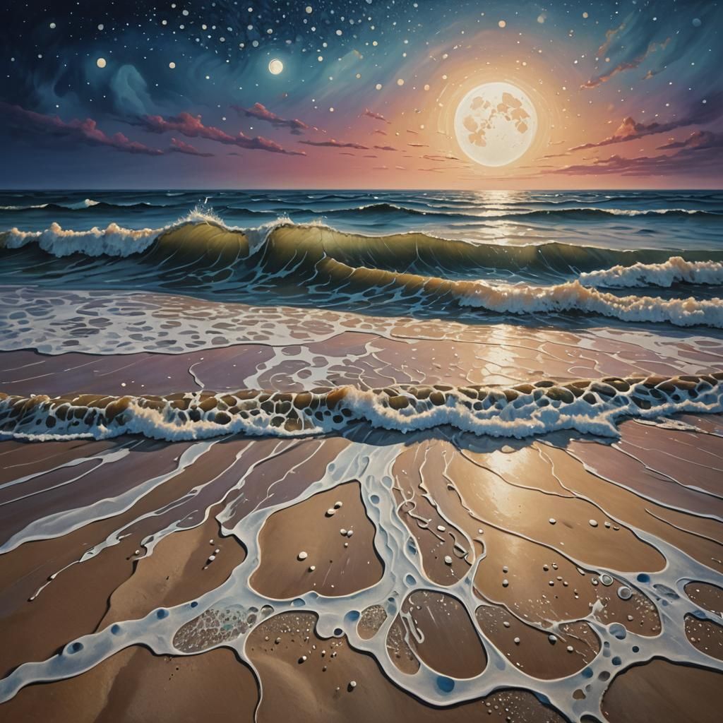 Surreal Dot Waves Under Moonlight: Dreamscape Oil Painting