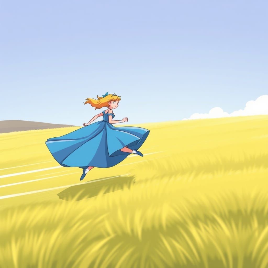 Princess Runs Across Plains in Cartoon Style