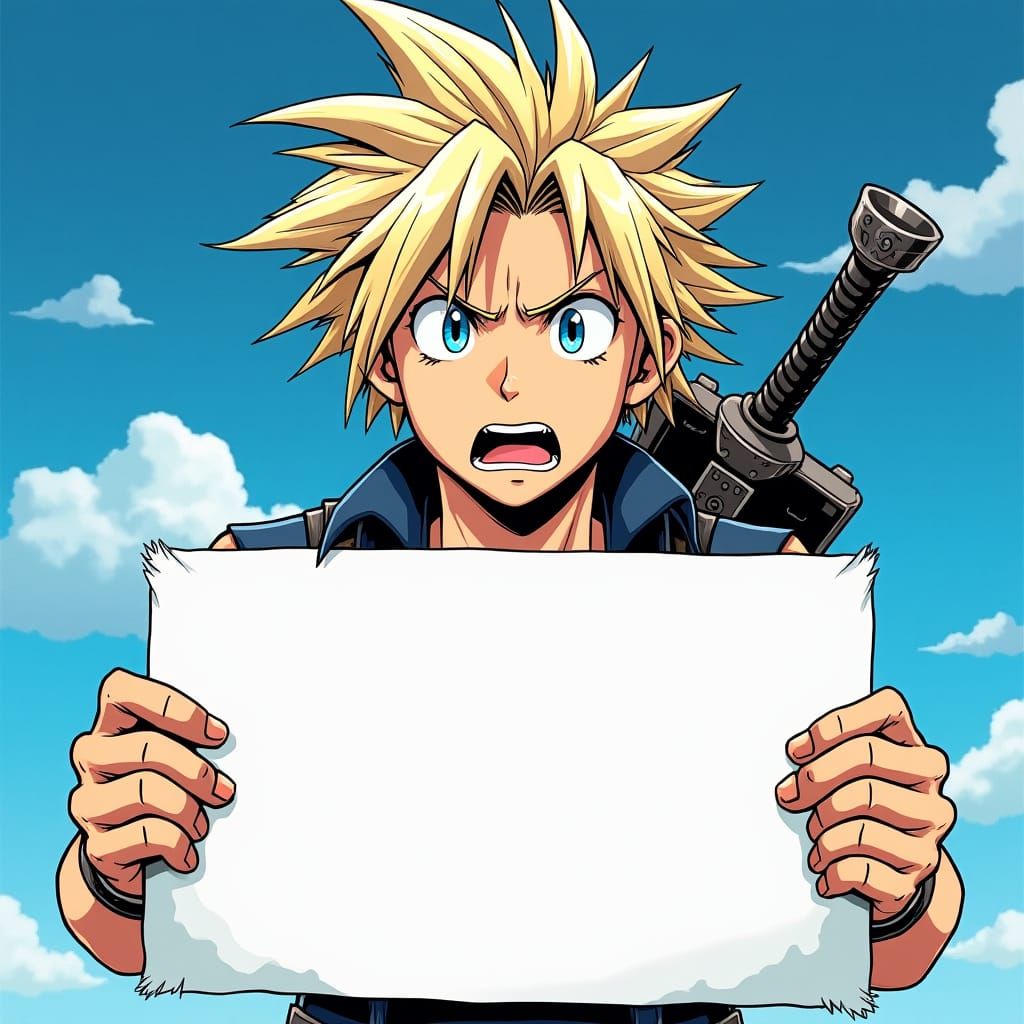 Cloud Strife Worried, Holding Blank Poster in Comic Style