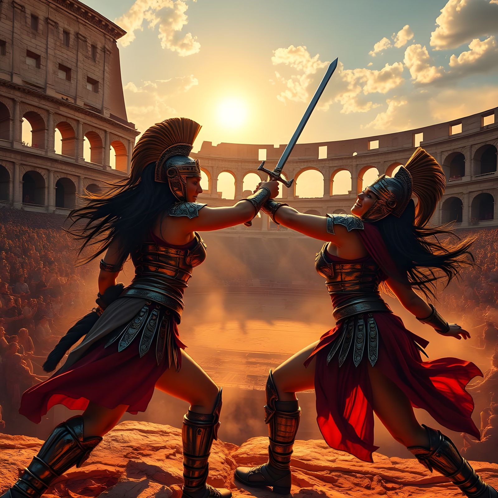 Vibrant Women Gladiators Clash in a Dazzling Colosseum Sunse...