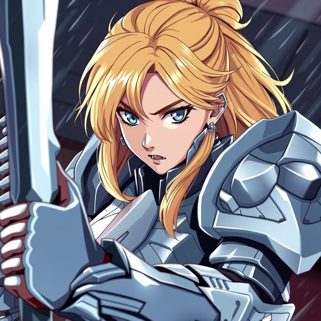 Elegant Battle Queen with Silver Eyes in Metallic Armour