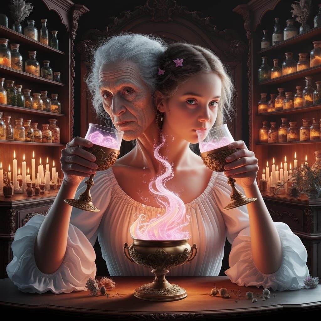 Dual-Headed Witch Sips Elixir in Candlelit Apothecary