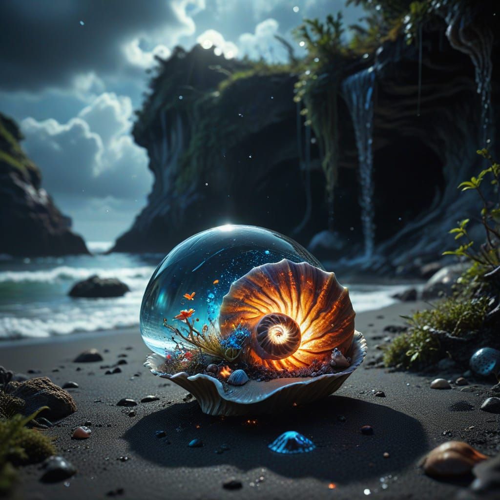 Ethereal Beach Scene with Bioluminescent Seashell and Cosmic...
