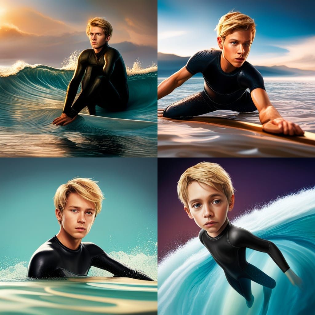 Hyperrealistic Blond Boy Surfing in Wetsuit