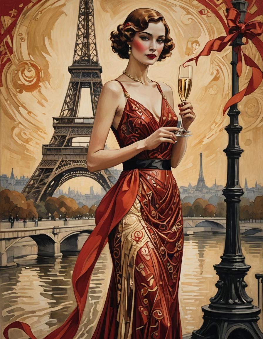 Art Deco Woman with Champagne in Paris