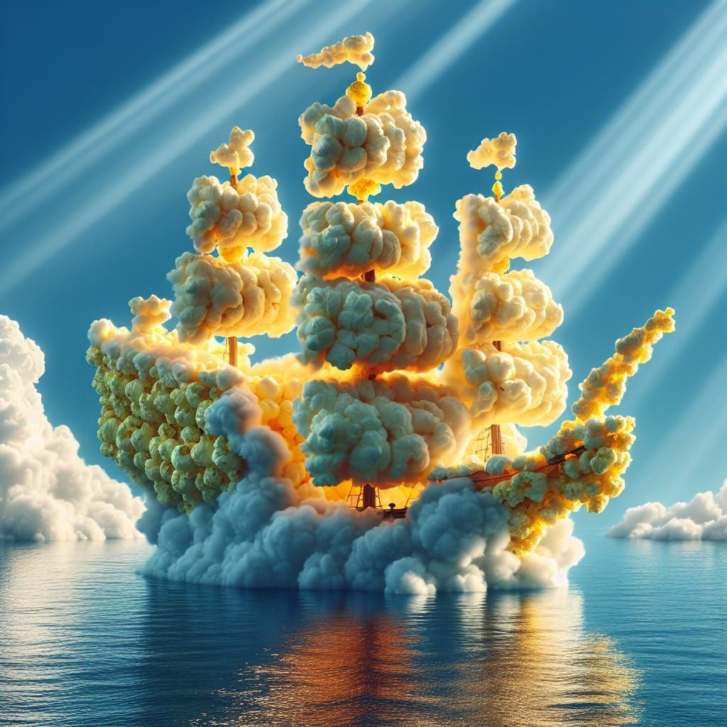 Popcorn Cloud Pirate Ship on Azure Sea
