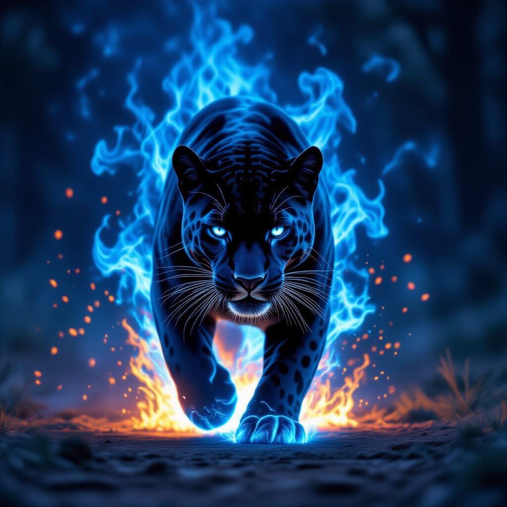 Panther Emerges from Blue Fire: Digital Art