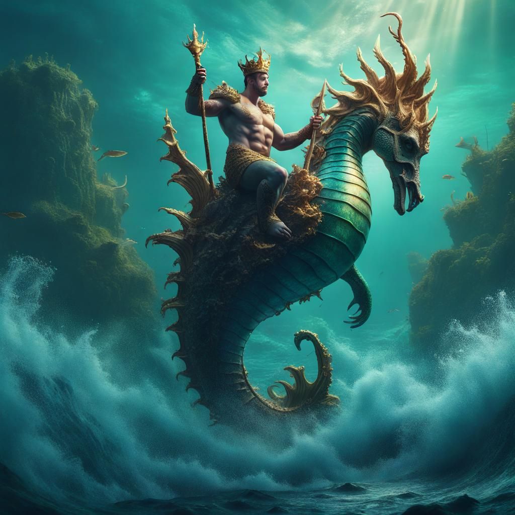 Merman God Riding Seahorse, Fantasy Concept Art