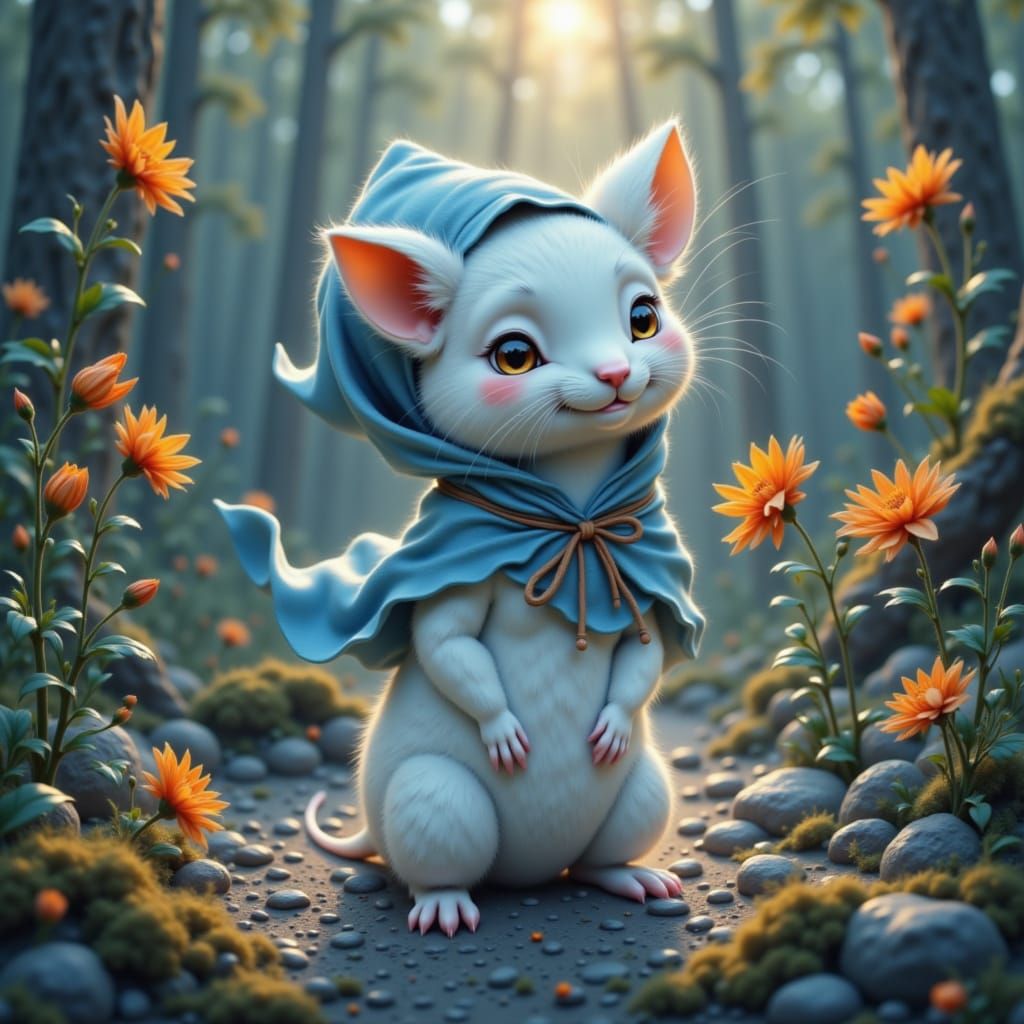 Cartoon Mouse in Blue Cloak with Dahlia Flowers