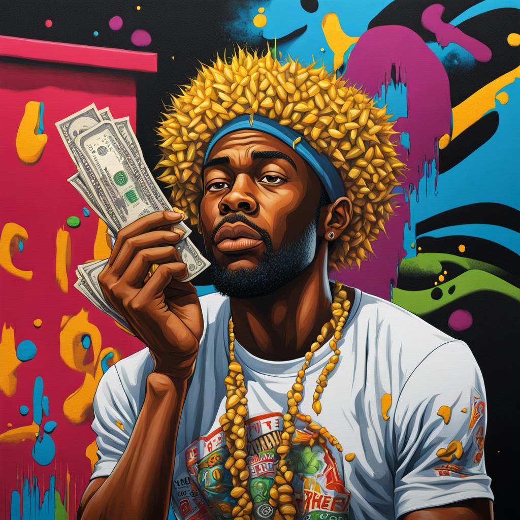 Black Man Counting Money in Graffiti Street Art