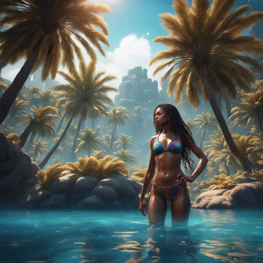 Bikini Model Paradise: Detailed Fantasy Concept Art
