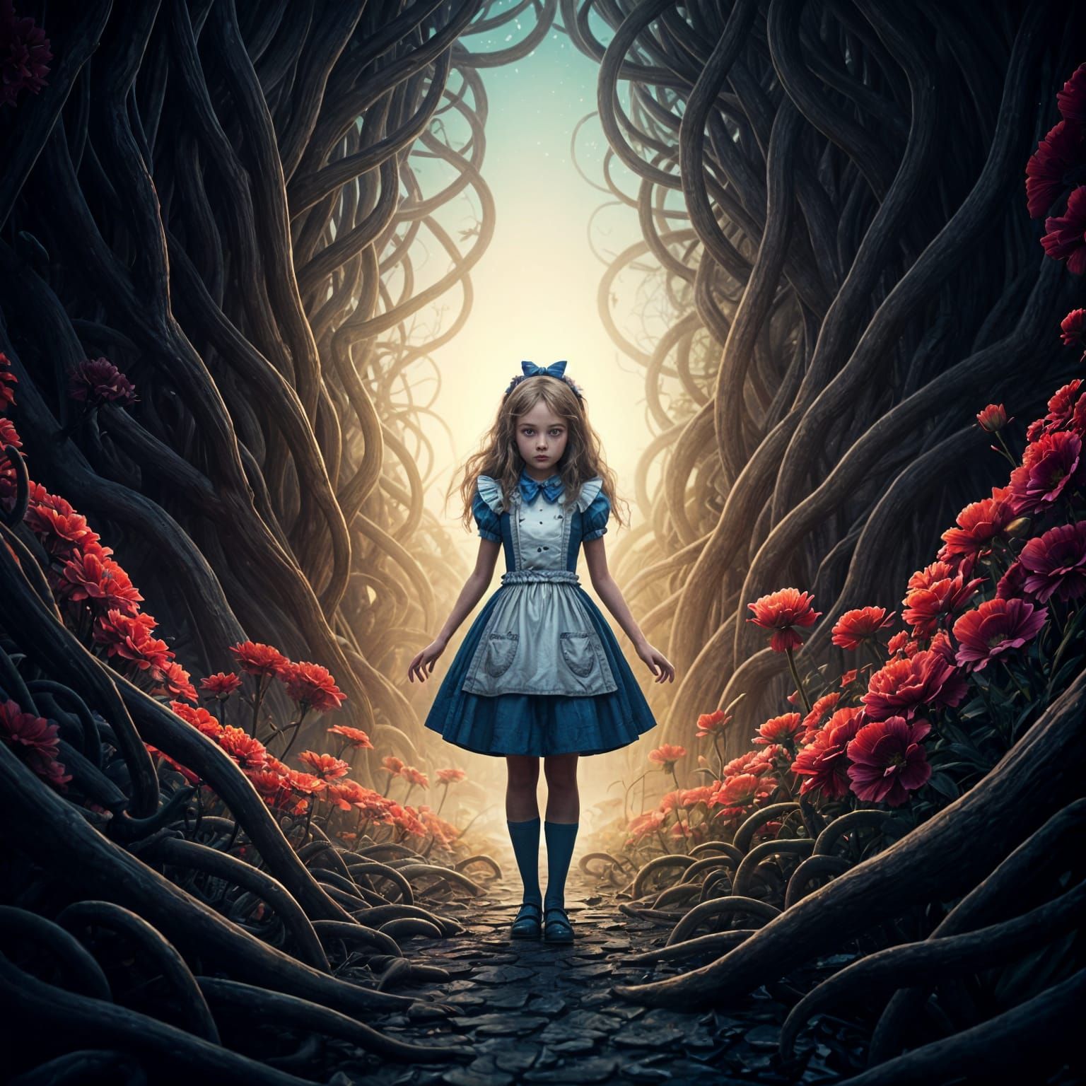 Alice in a Nightmare Garden: Hyperrealistic Digital Art