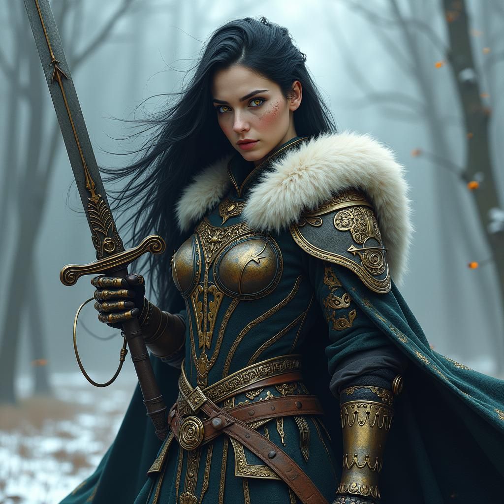 Slavic Woman Warrior in Northern Landscape, Digital Art