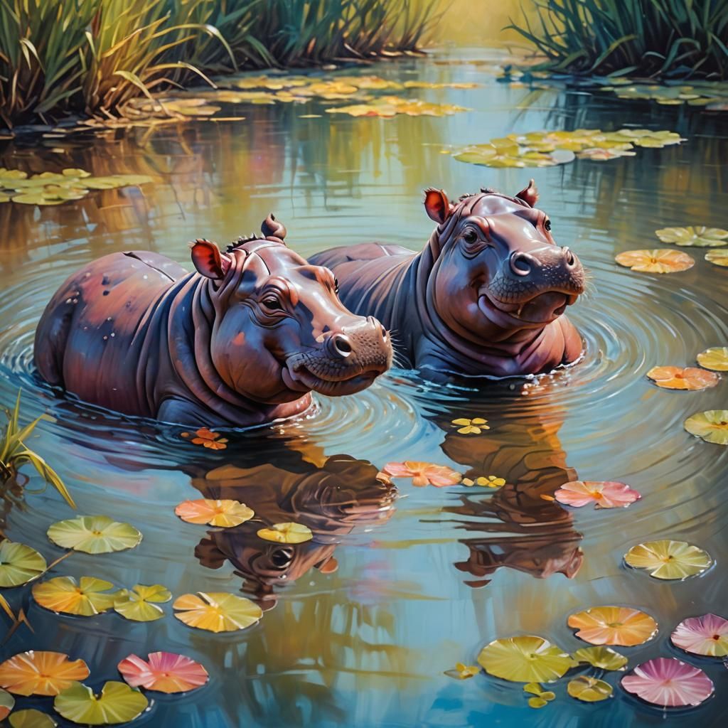 Baby Hippos Play in Shallow Water as Oil Painting