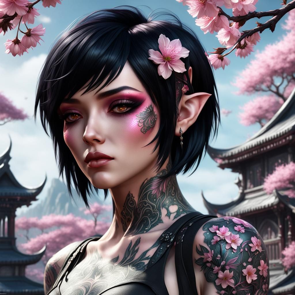 Goth Elf with Cherry Blossom Tattoo, Fantasy Art