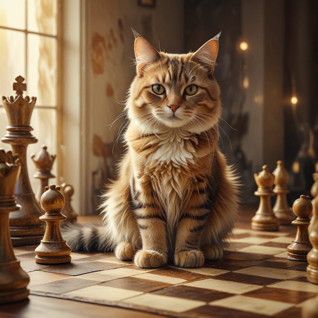 Feline Chess Masterpiece in Whimsical Watercolor