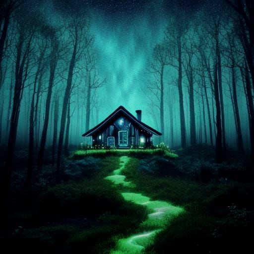 Nighttime Forest Cabin in Surrealist Style
