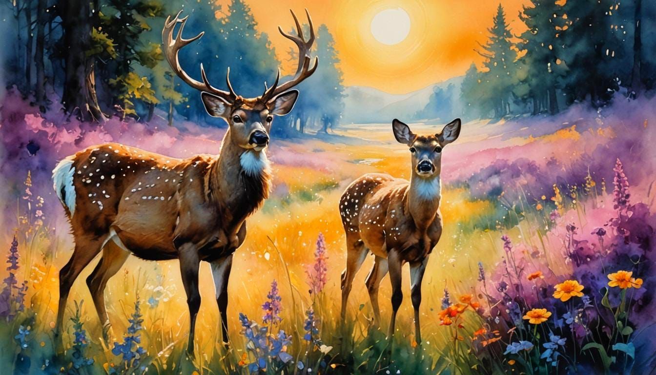 Deer in Magical Meadow: Ink, Acrylic, Watercolor