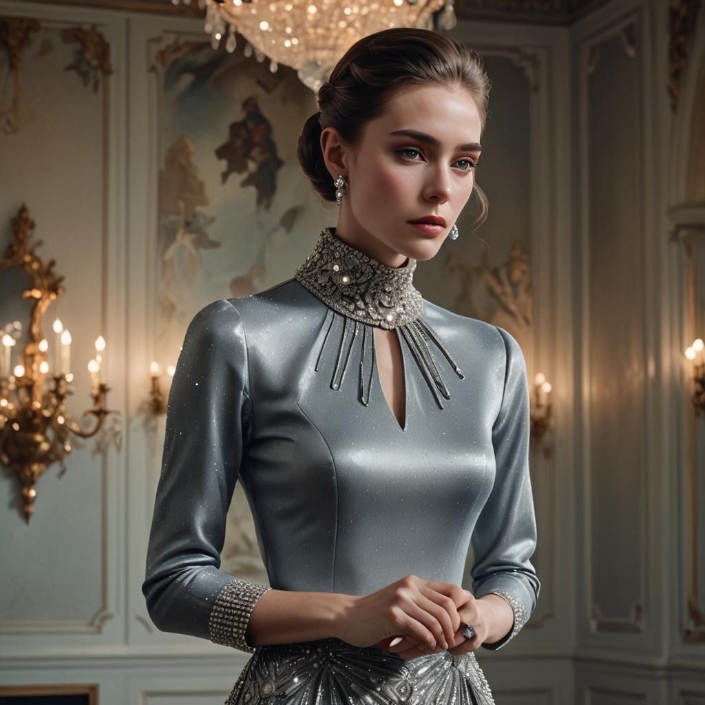 Crystal Dress in Grand Ballroom, Hyper-Realistic Fashion