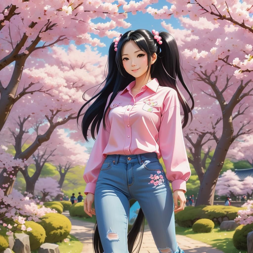 Anime Woman in Cherry Blossom Park