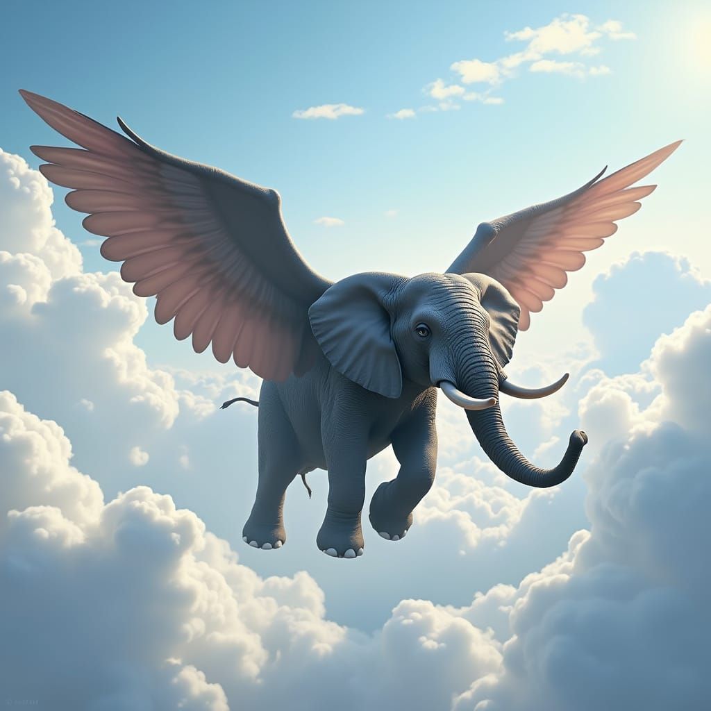 Winged Elephant Soaring Through Clouds