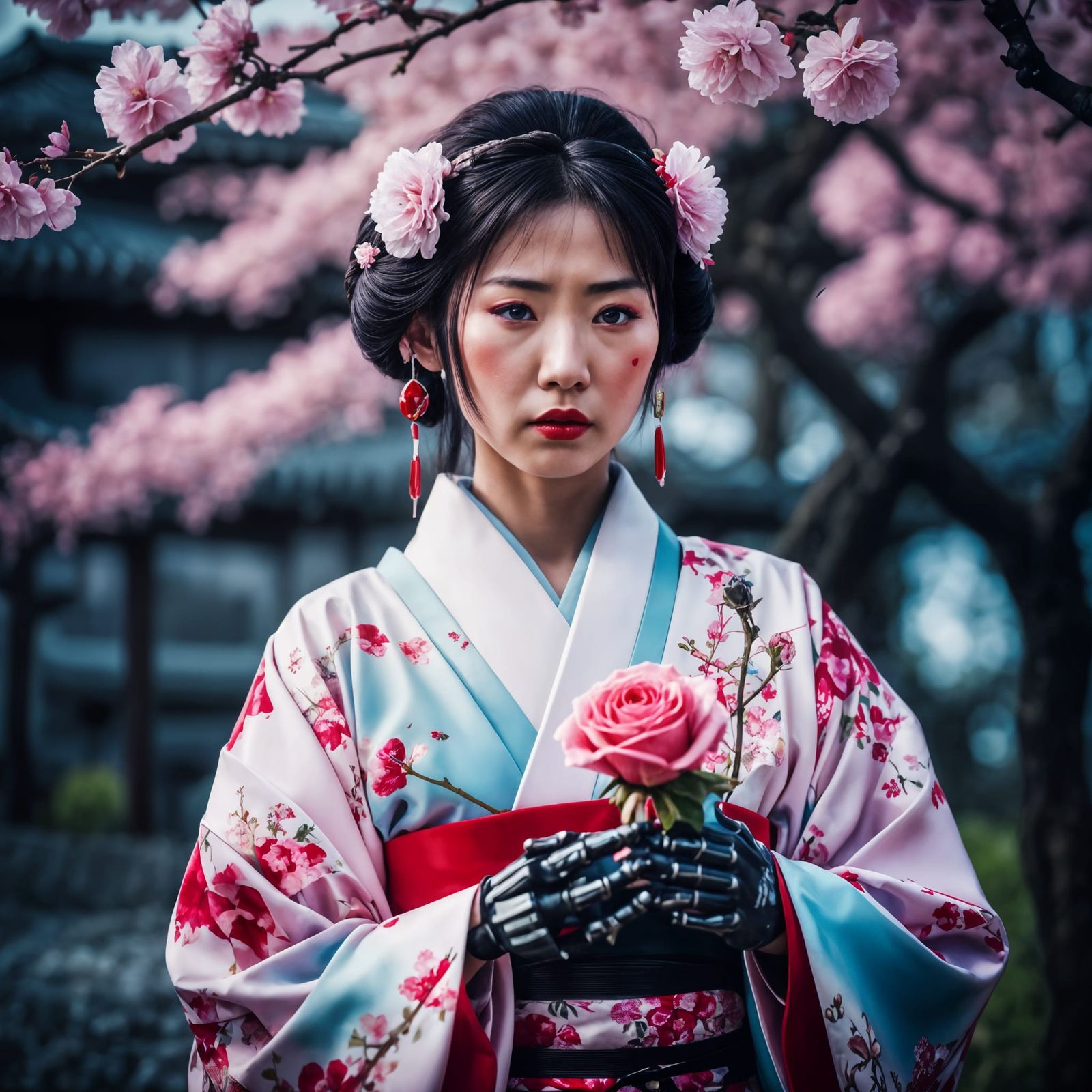 Japanese Woman with Robotic Hands in Cinematic Still