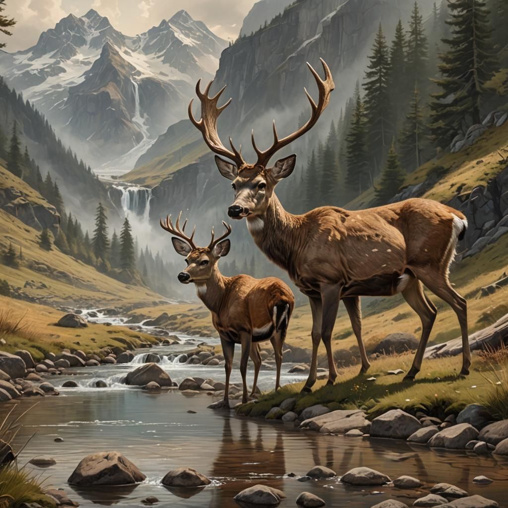A deer by a mountain drinking from a stream.