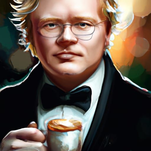 Detailed Portrait of Man in Tuxedo with Coffee